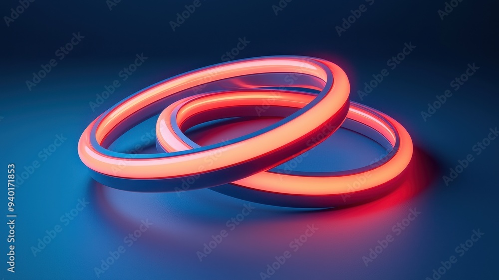 Three vibrant neon rings intersecting in a futuristic design, casting colorful reflections on a smooth surface. Three vibrant neon rings intersecting in a futuristic design, casting colorful reflections on a smooth surface.