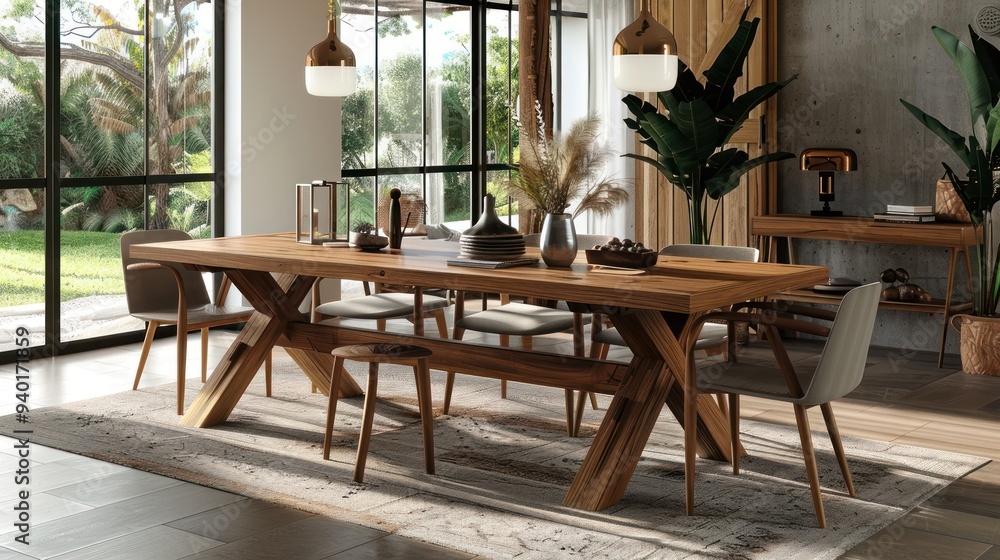 Fototapeta premium Wooden Dining Table with Chairs and Rug