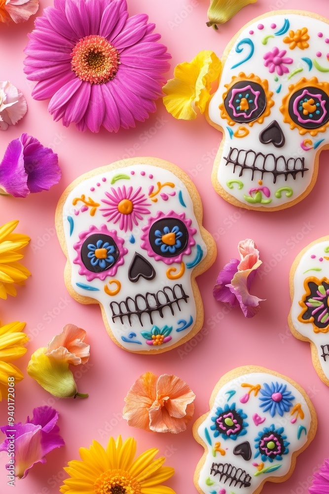 A photo of sugar skull shaped cookies decorated with colorful flowers, dia de los muertos theme, on a pink background A photo of sugar skull shaped cookies decorated with colorful flowers, dia de los muertos theme, on a pink background