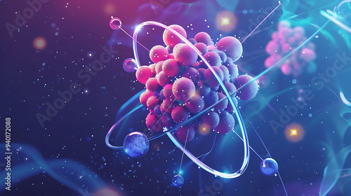 Schematic representation of various particles such as protons neutrons and electrons in an atom photo