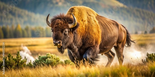 Close up of a bison running , Bison, wildlife, animal, mammal, motion, speed, powerful, strength, natural, herbivore