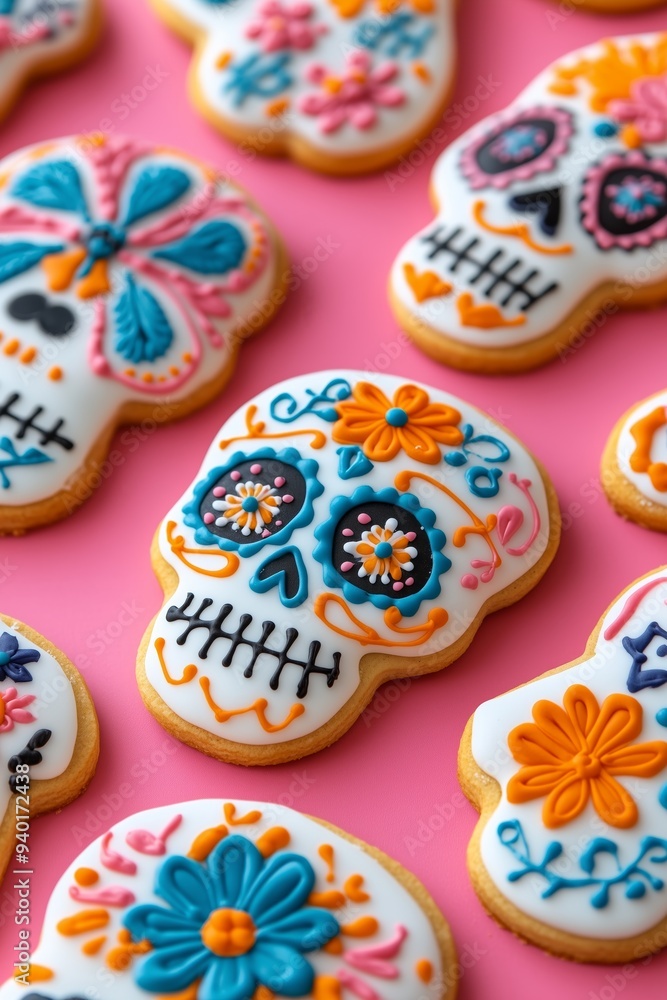 A photo of sugar skull shaped cookies decorated with colorful flowers, dia de los muertos theme, on a pink background A photo of sugar skull shaped cookies decorated with colorful flowers, dia de los muertos theme, on a pink background
