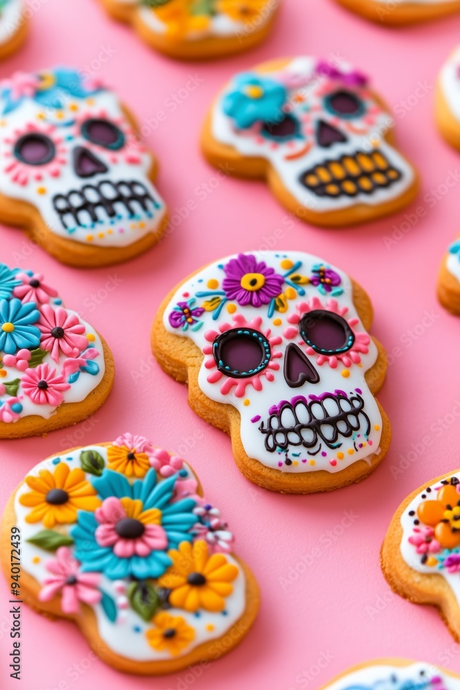 A photo of sugar skull shaped cookies decorated with colorful flowers, dia de los muertos theme, on a pink background A photo of sugar skull shaped cookies decorated with colorful flowers, dia de los muertos theme, on a pink background