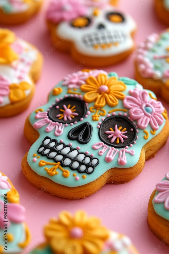 A photo of sugar skull shaped cookies decorated with colorful flowers, dia de los muertos theme, on a pink background A photo of sugar skull shaped cookies decorated with colorful flowers, dia de los muertos theme, on a pink background