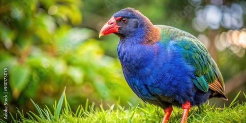 Rare Takahe bird standing in a natural habitat, endangered species, New Zealand, wildlife, feathers, foliage