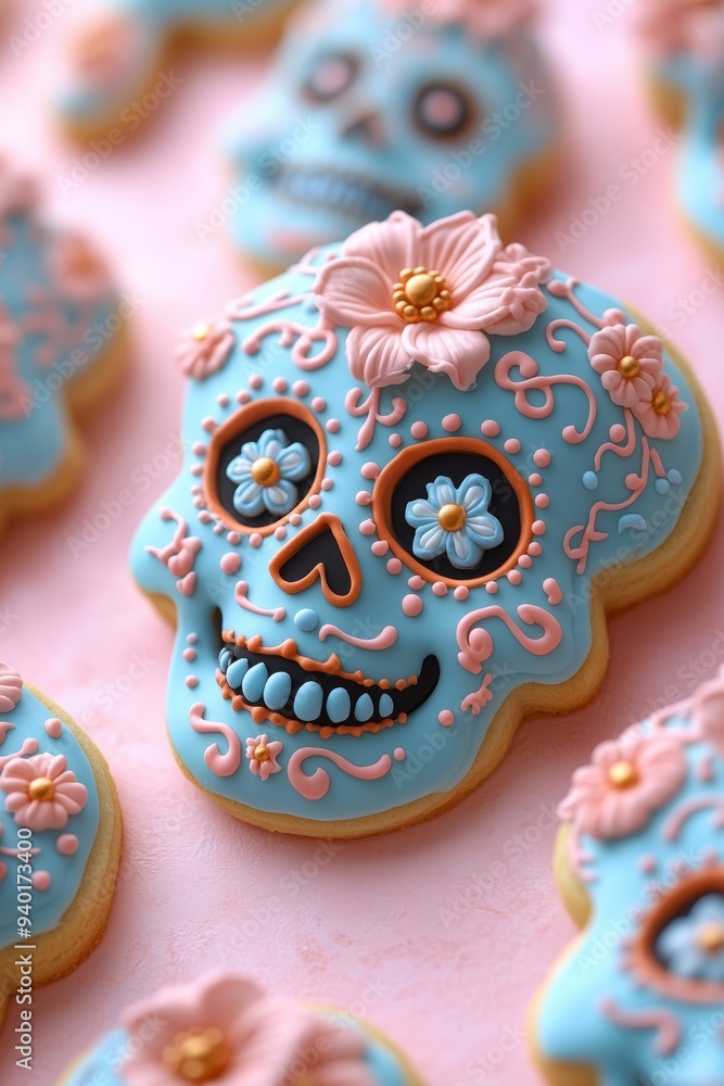 Fototapeta premium A photo of sugar skull shaped cookies decorated with colorful flowers, dia de los muertos theme, on a pink background