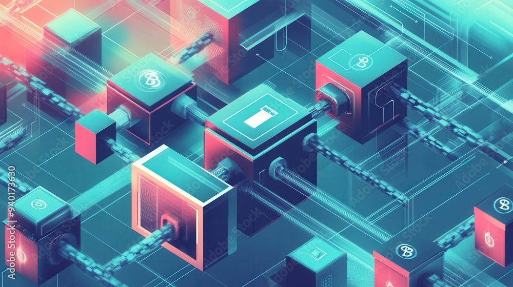 Modern Flat Design Blockchain Illustration with Interconnected Blocks and Chains Modern Flat Design Blockchain Illustration with Interconnected Blocks and Chains