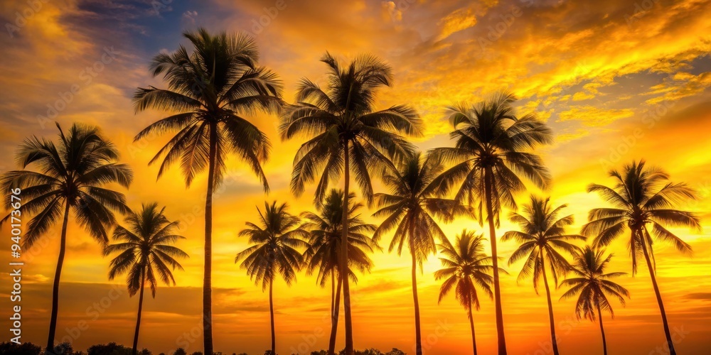 Coconut palm trees silhouetted against a vibrant yellow evening sky, tropical, sunset, nature, tranquil, scenic, exotic, palm trees Coconut palm trees silhouetted against a vibrant yellow evening sky, tropical, sunset, nature, tranquil, scenic, exotic, palm trees