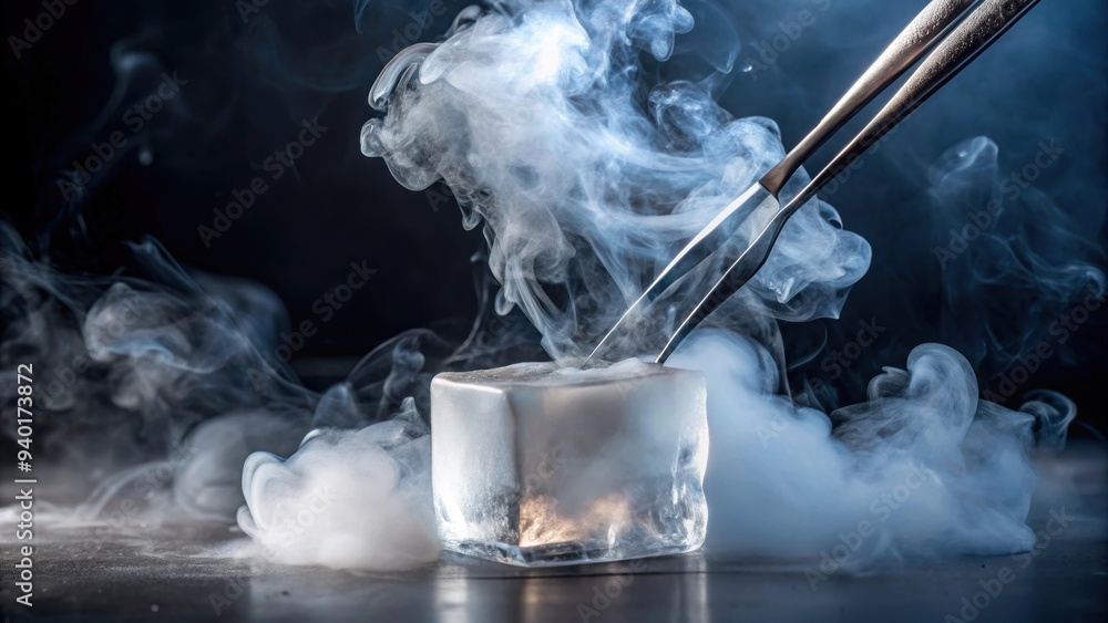 Naklejka premium Tweezers holding dry ice block creating smoke, tweezers, holding, dry ice, block, smoke, mist, fog, cold, frozen, carbon dioxide