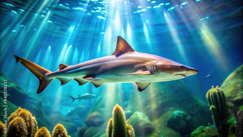 Obraz premium Iridescent shark swimming gracefully in aquarium , tropical, freshwater, fish, Pangasius sutchi, underwater, pet, exotic