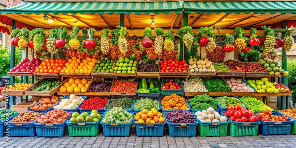 Fototapeta premium A colorful outdoor market stall selling fresh fruits and vegetables , market, stall, outdoor, colorful, fresh, fruits