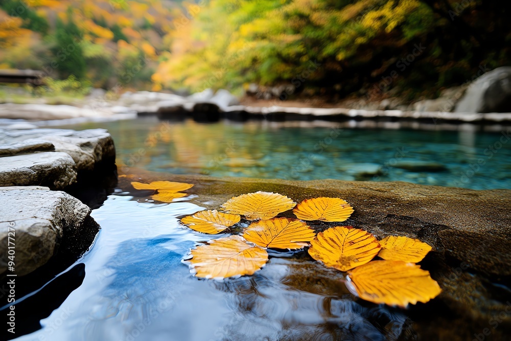 A hot spring surrounded by autumn foliage, with golden leaves gently falling into the warm water A hot spring surrounded by autumn foliage, with golden leaves gently falling into the warm water