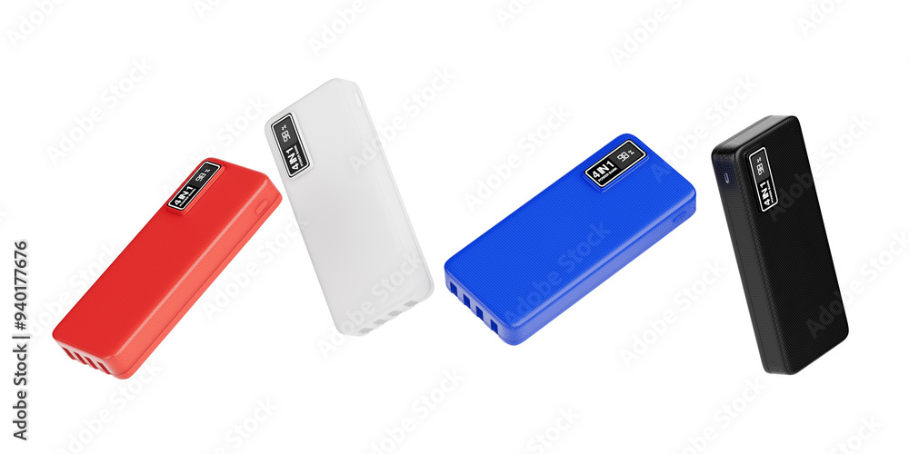 Colored Mobile Devices Charging Power Banks. 3d Rendering Colored Mobile Devices Charging Power Banks. 3d Rendering