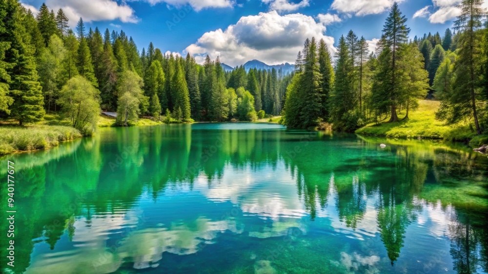Obraz premium Tranquil green lake surrounded by trees in La Plagne, lake, water, green, serene, nature, trees, La Plagne, mountains