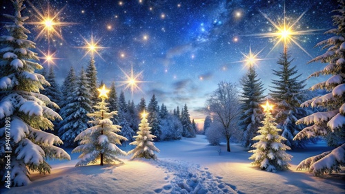 Snowy winter night scene with twinkling lights, snow-covered trees, and a star-filled sky