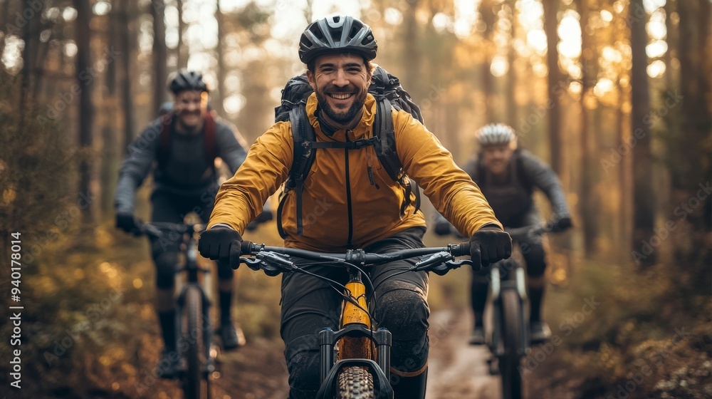 Fototapeta premium person riding a bike in autumn, with two friends