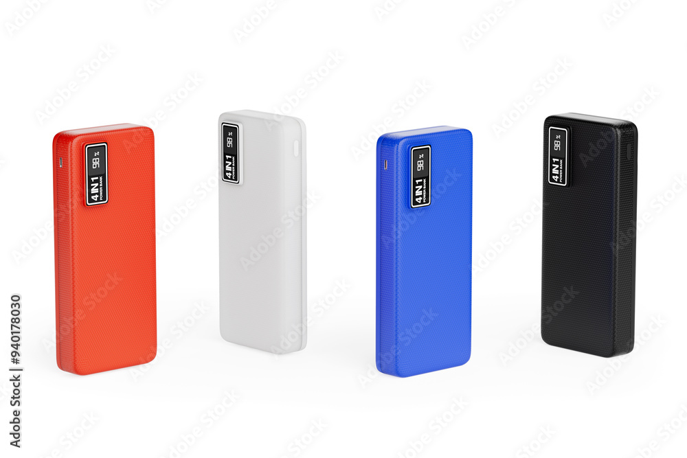 Colored Mobile Devices Charging Power Banks. 3d Rendering Colored Mobile Devices Charging Power Banks. 3d Rendering