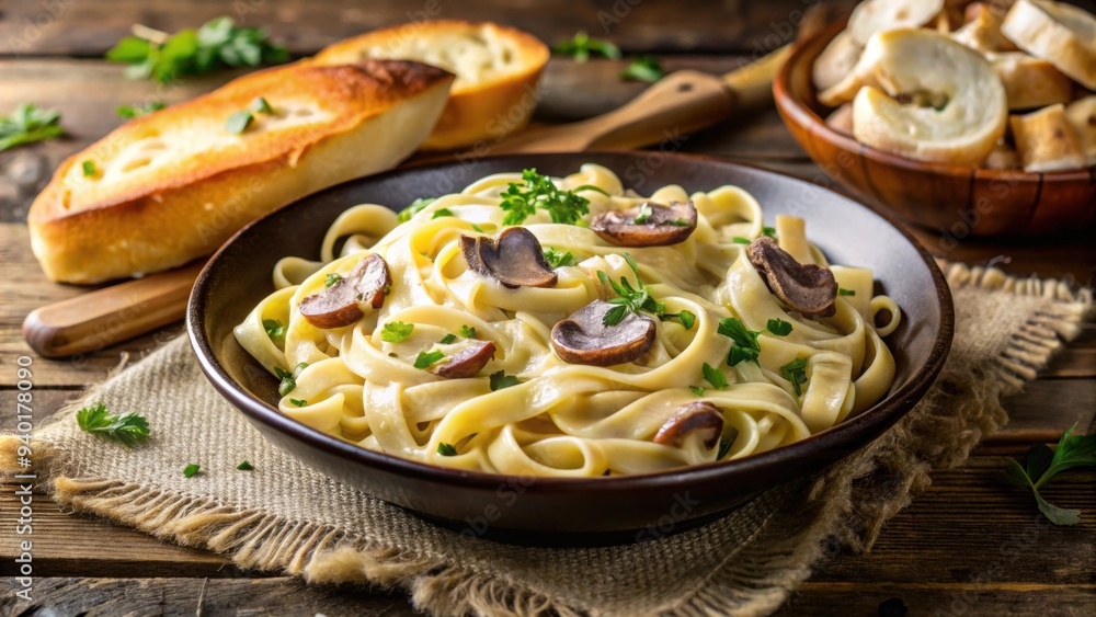 Creamy fettuccine Alfredo with saut?ed mushrooms and garlic bread in rustic setting, fettuccine Alfredo Creamy fettuccine Alfredo with saut?ed mushrooms and garlic bread in rustic setting, fettuccine Alfredo