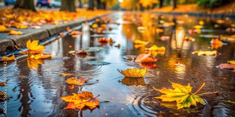 Wet old pavement with puddle and autumn leaves, autumn, fall, season, weather, wet, pavement, puddle, water, leaves, foliage Wet old pavement with puddle and autumn leaves, autumn, fall, season, weather, wet, pavement, puddle, water, leaves, foliage