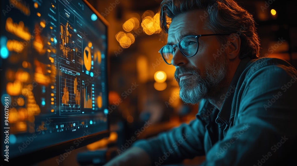 Senior Analyst Reviewing Business Data on Screen. Senior analyst with glasses closely examines business data visualizations displayed on a screen in a modern, dimly lit office setting.
