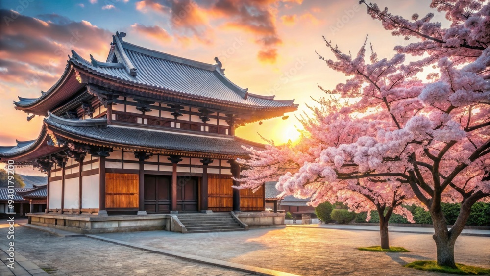 Fototapeta premium Japanese temple in the morning with a blooming cherry blossom tree , Japan, temple, morning, cherry blossom, tree, pink