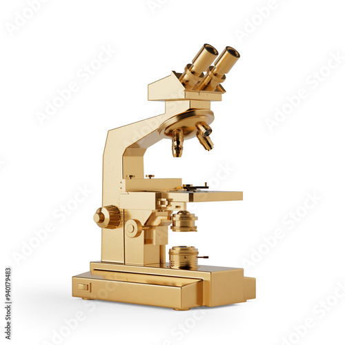 Modern Golden Laboratory Microscope. 3d Rendering photo