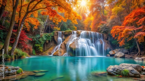 Erawan waterfall surrounded by autumn forest in Kanchanaburi Province, Thailand , Erawan waterfall, autumn