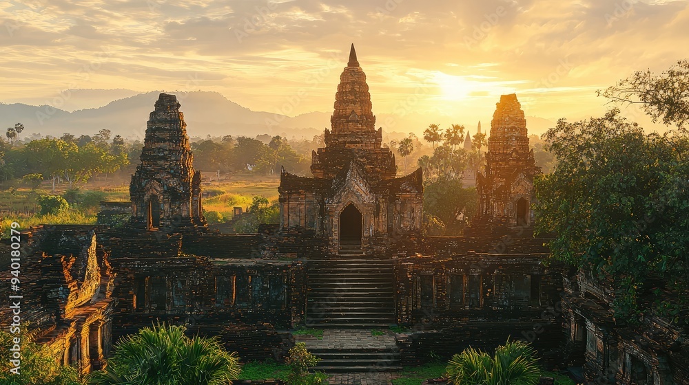 Fototapeta premium Ancient temple ruins at sunrise surrounded by lush greenery