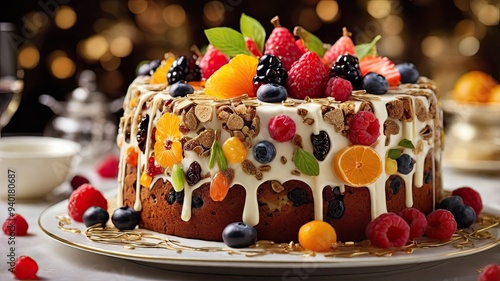 A sumptuously decorated fruit cake photo