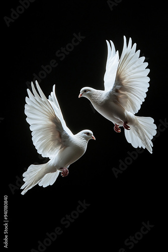 Two white doves flying on black background
