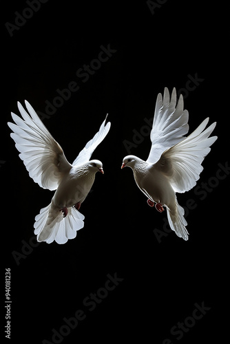 Two white doves flying on black background