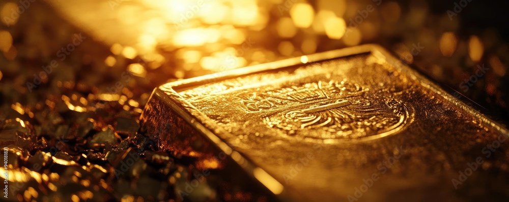 A close-up of a gold bar reflecting warm light, surrounded by golden flecks, symbolizing wealth and prosperity. A close-up of a gold bar reflecting warm light, surrounded by golden flecks, symbolizing wealth and prosperity.