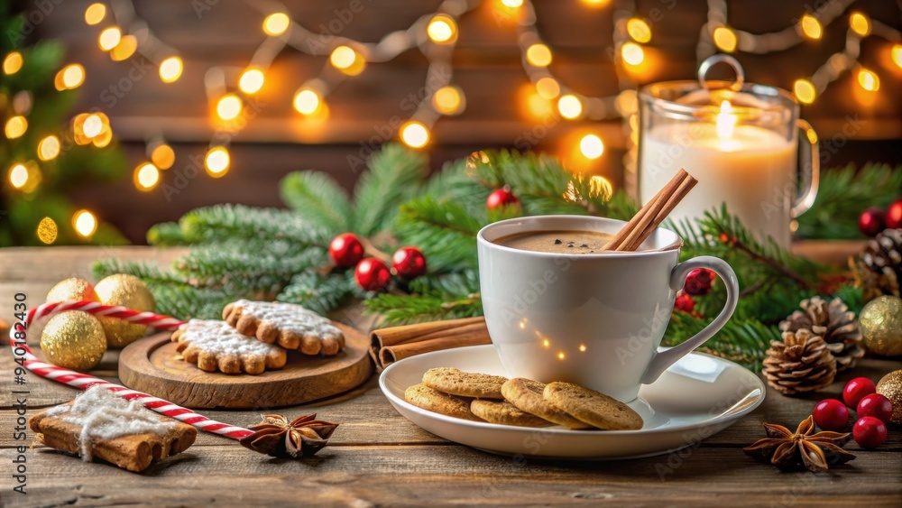 Fototapeta premium Cozy Christmas scene with a cup of hot chocolate and plate of cookies, Christmas, holiday, cozy, warmth, hot chocolate