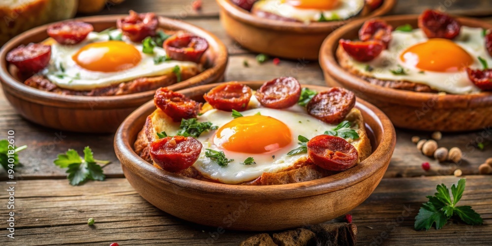 Traditional Tapas Broken Eggs with Chorizo in Madrid, Spain , spanish cuisine, appetizer, traditional, eggs, chorizo Traditional Tapas Broken Eggs with Chorizo in Madrid, Spain , spanish cuisine, appetizer, traditional, eggs, chorizo