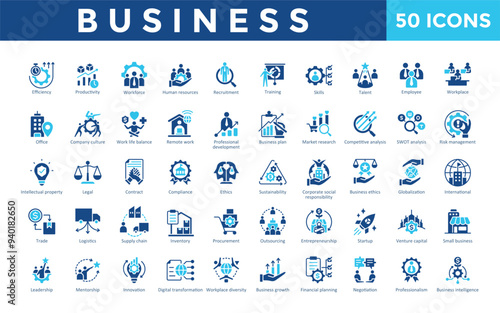 Business icon set with efficiency, productivity, workforce, human resources, recruitment, training, skills, talent, employee, workplace icon. Simple flat vector 

