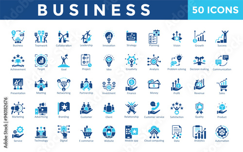 Business icon set with teamwork, collaboration, leadership, innovation, strategy, planning, vision, growth, success icon. Simple flat vector 
