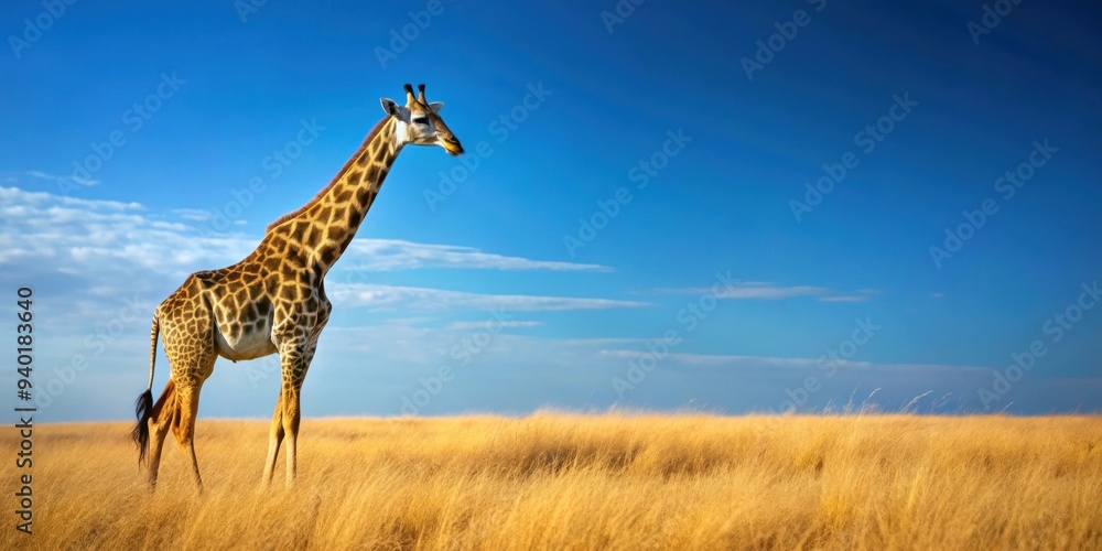 Obraz premium Lonely giraffe standing alone in the wilderness against a sky blue background, giraffe, wild, alone, solitude, animal, Africa