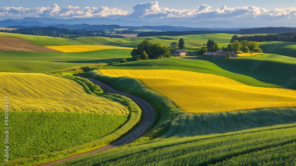 Obraz premium An aerial view shows vibrant sunflowers and wheat, with a farmhouse and blue sky enhancing the scene.