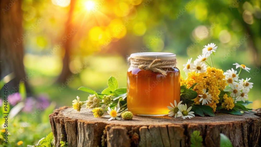 Jar of honey on tree trunk with leaves and flowers, forest, sweet, nature, organic, bee, honeycomb, delicious, fresh Jar of honey on tree trunk with leaves and flowers, forest, sweet, nature, organic, bee, honeycomb, delicious, fresh
