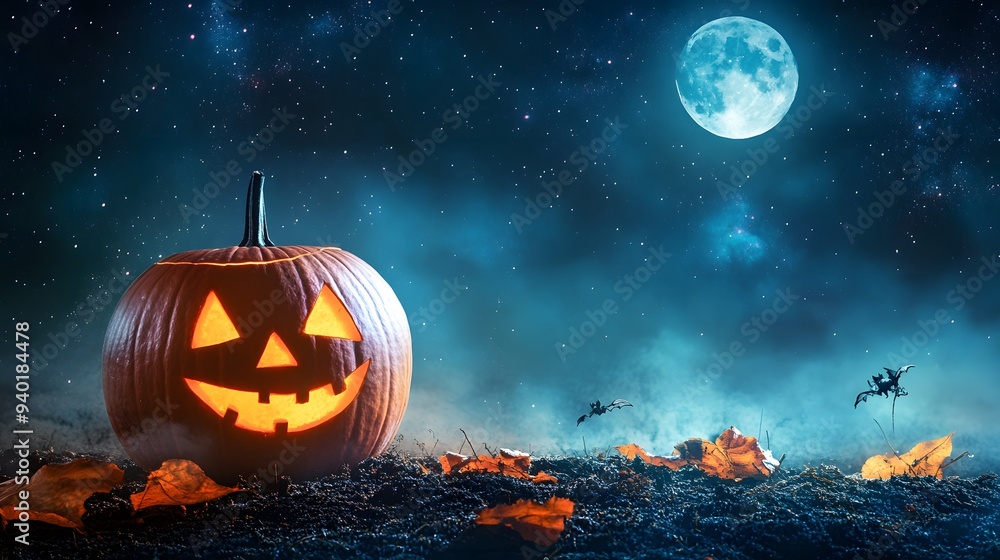 Fototapeta premium Cheerful Grinning Jack-o'-Lantern on Earthen Patch, Twinkling Starry Sky, Distant Hauntingly Beautiful Moon, Expansive Negative Space