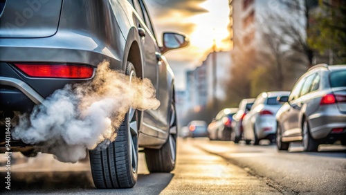 Exhaust fumes from idling cars in urban setting , pollution, transportation, vehicle emissions photo