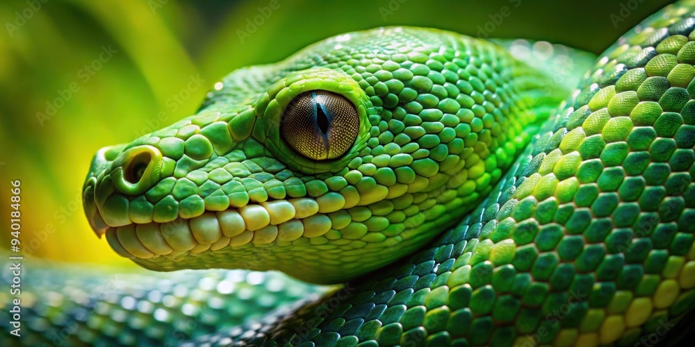 Close-up of a green snake showing intricate scales , reptile, wildlife, serpentine, slither, venemous, exotic, reptilian Close-up of a green snake showing intricate scales , reptile, wildlife, serpentine, slither, venemous, exotic, reptilian