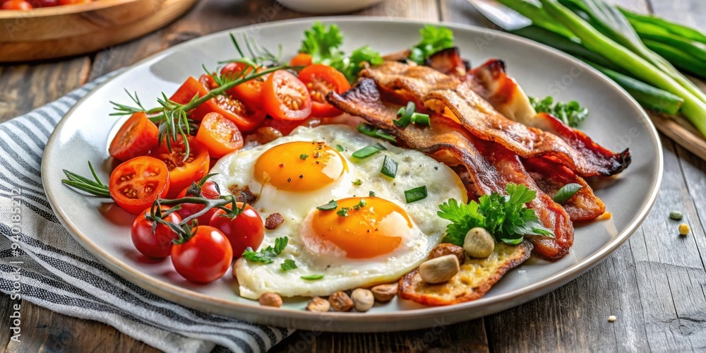 Fried eggs with crispy bacon strips, saut?ed vegetables, and fresh herbs on a plate , breakfast, morning, delicious, healthy Fried eggs with crispy bacon strips, saut?ed vegetables, and fresh herbs on a plate , breakfast, morning, delicious, healthy