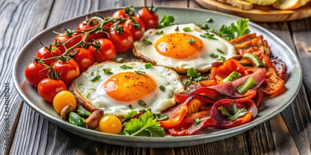 Fried eggs with crispy bacon and assorted vegetables , breakfast, food, skillet, cooking, meal, delicious, nutrition Fried eggs with crispy bacon and assorted vegetables , breakfast, food, skillet, cooking, meal, delicious, nutrition