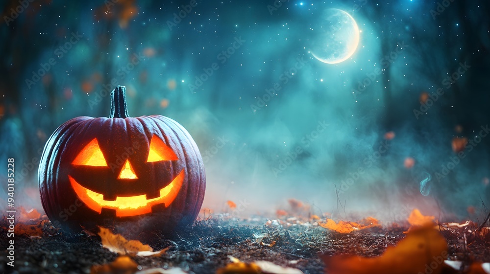 Cheerful Grinning Jack-o'-Lantern on Earthen Patch, Twinkling Starry Sky, Distant Hauntingly Beautiful Moon, Expansive Negative Space Cheerful Grinning Jack-o'-Lantern on Earthen Patch, Twinkling Starry Sky, Distant Hauntingly Beautiful Moon, Expansive Negative Space