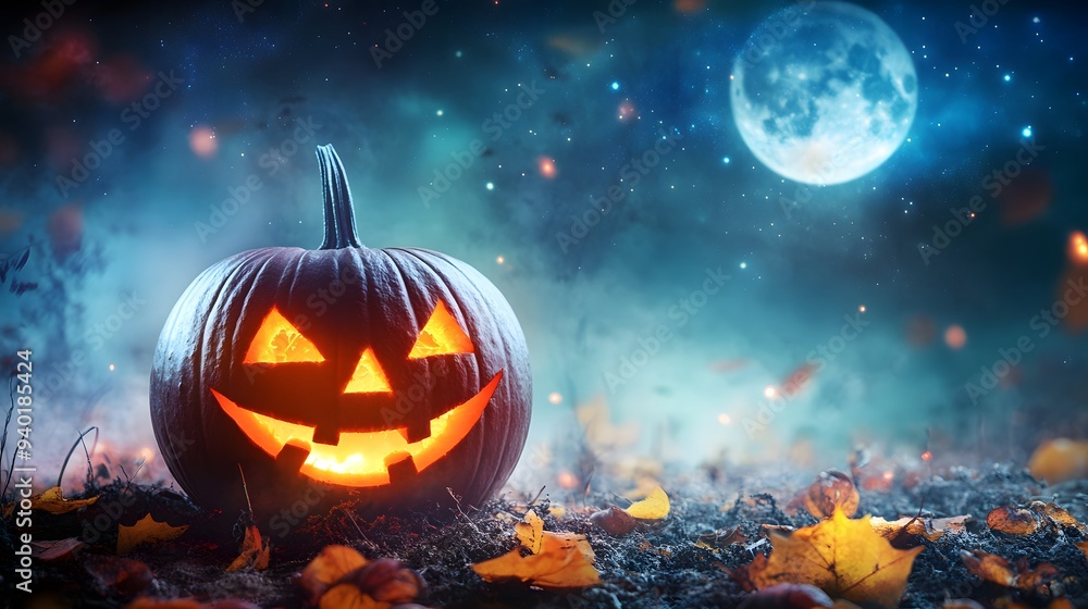 Naklejka premium Cheerful Grinning Jack-o'-Lantern on Earthen Patch, Twinkling Starry Sky, Distant Hauntingly Beautiful Moon, Expansive Negative Space