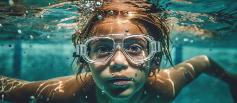 Naklejka premium Child Swimming Underwater in a Pool