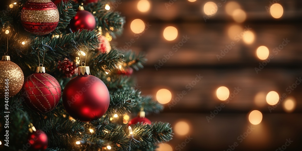 Close-Up of Christmas Tree Ornaments. Close-up of a Christmas tree decorated with red and gold ornaments, shimmering in the glow of festive lights, evoking the holiday spirit. Close-Up of Christmas Tree Ornaments. Close-up of a Christmas tree decorated with red and gold ornaments, shimmering in the glow of festive lights, evoking the holiday spirit.