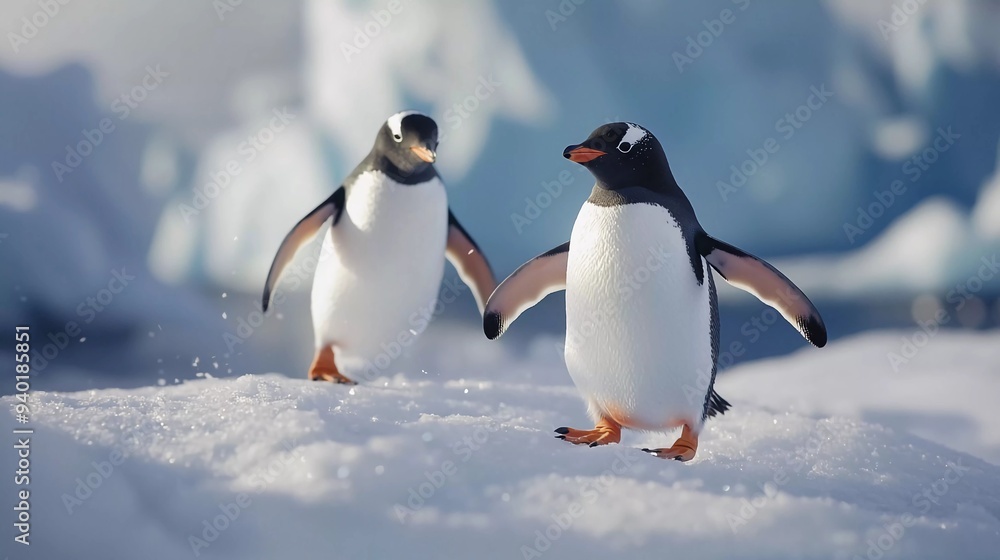 Naklejka premium Penguins on the snow which brings forward which brings forward