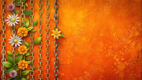 Abstract background with flowers, leaves, and chains on an orange wall, abstract, background, flowers, leaves, chains, orange